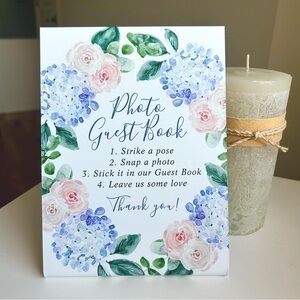 Photo Guestbook Sign with Blue Hydrangeas and Blush Roses (8inH x 6inW)